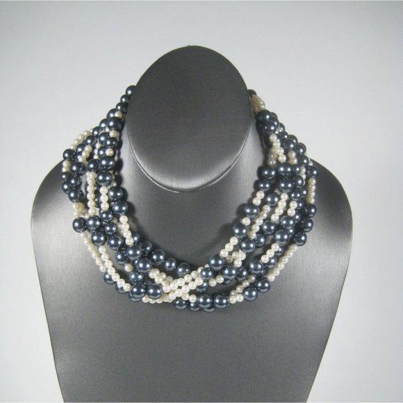 Imitation Pearl Necklace 20 Inch Silvertone Collar Beaded Statement Multi-Stran - Picture 6 of 11